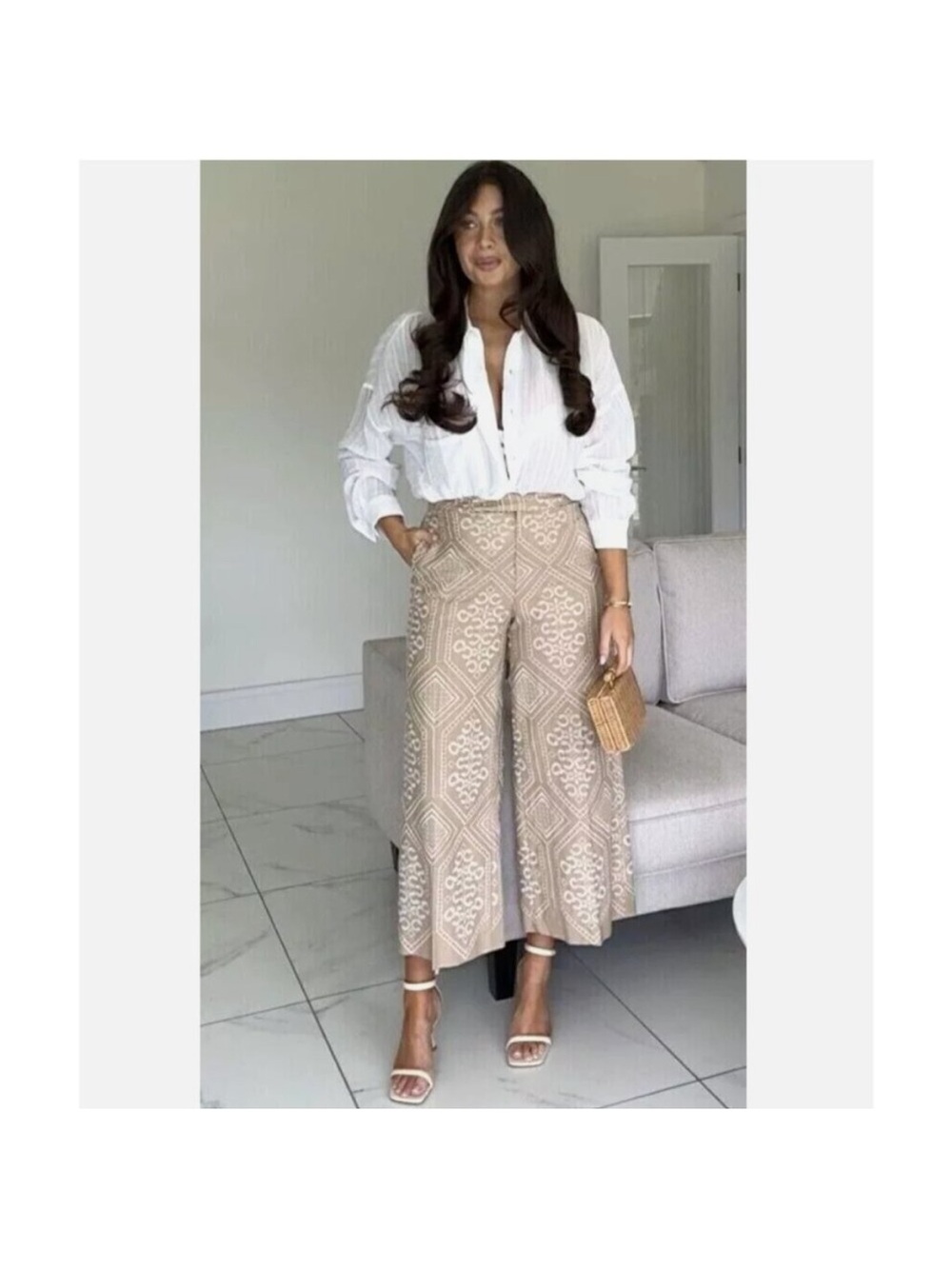 Zara Womens Cropped wide leg Geometric Linen Zip Pants Beige Size L